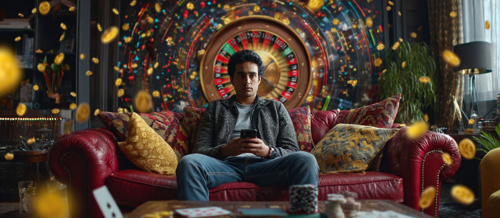 Young man sitting on red sofa with smartphone, roulette wheel and golden coins in the background, symbol of BG 333 casino mobile app