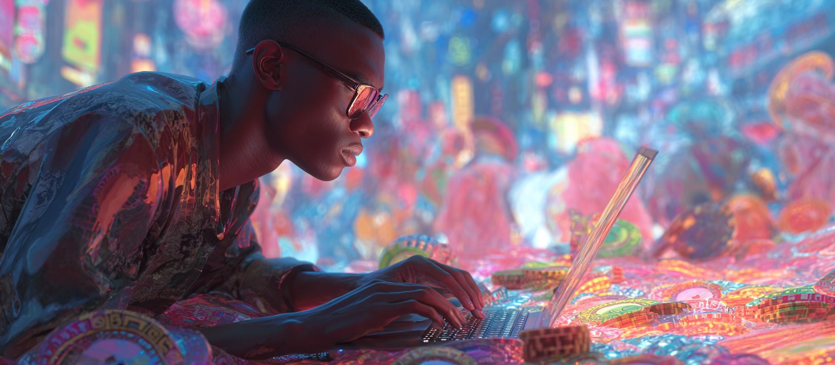Stylish man with glasses playing on laptop surrounded by glowing casino chips, representing BG 333 online games