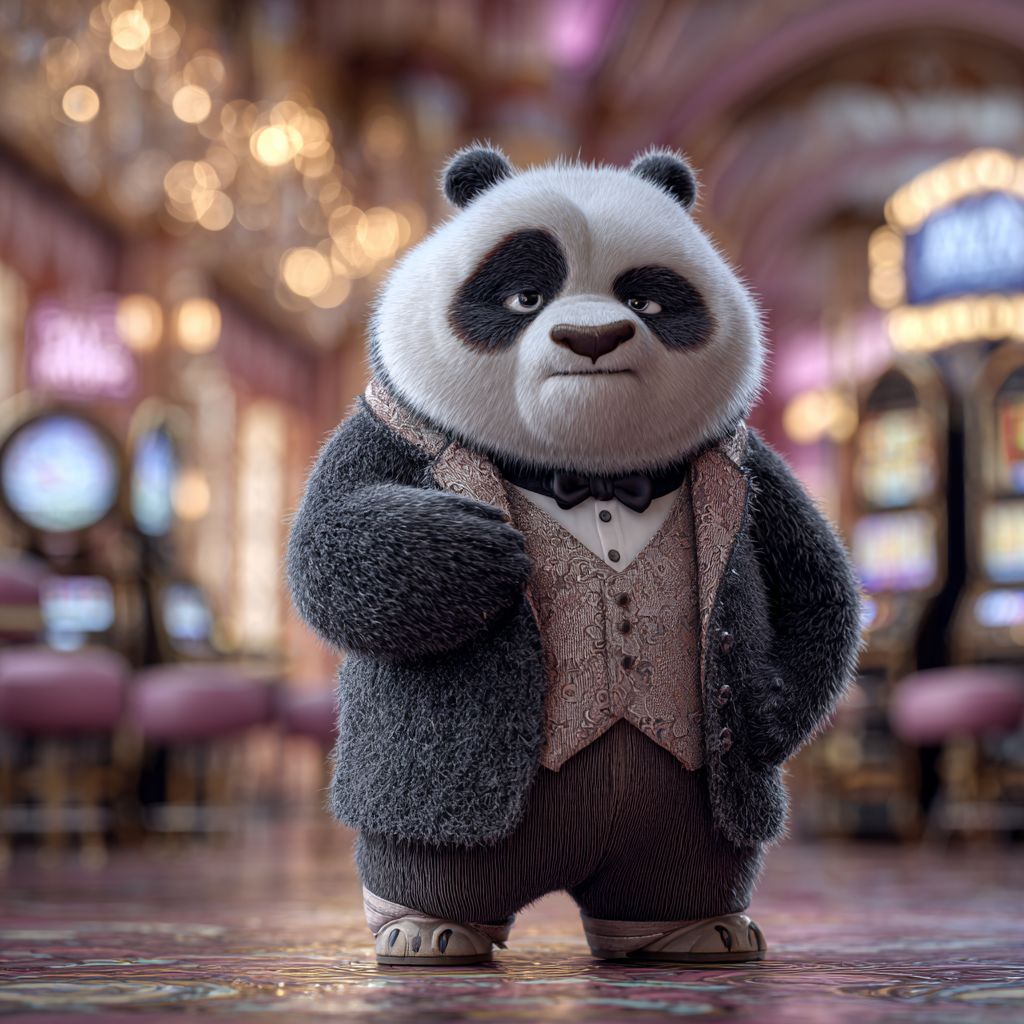 Elegant panda in tuxedo standing inside luxury casino hall with slot machines, BG333 mascot