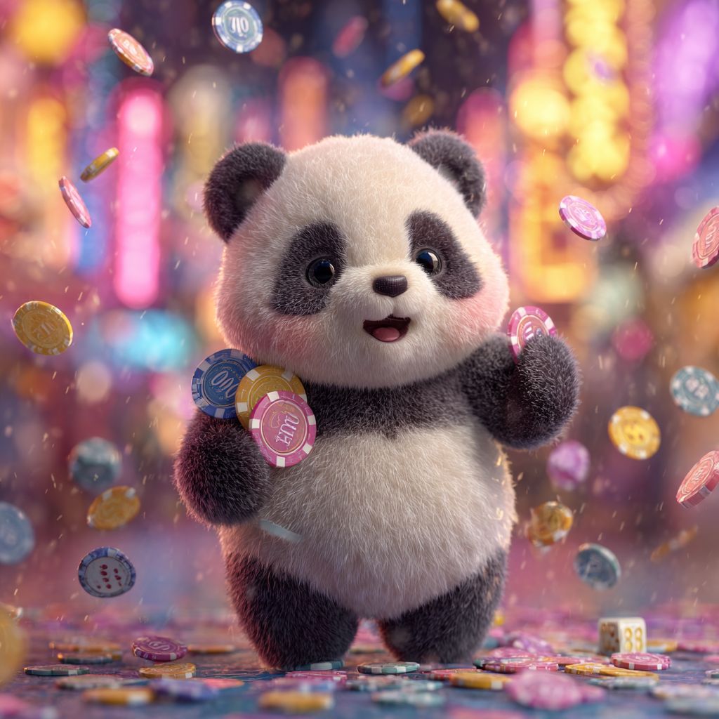 Happy panda surrounded by colorful casino chips, symbol of BG 333 online games