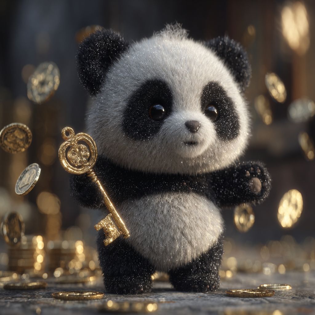 Adorable panda holding golden key with coins around, representing secure login at BG 333 Casino
