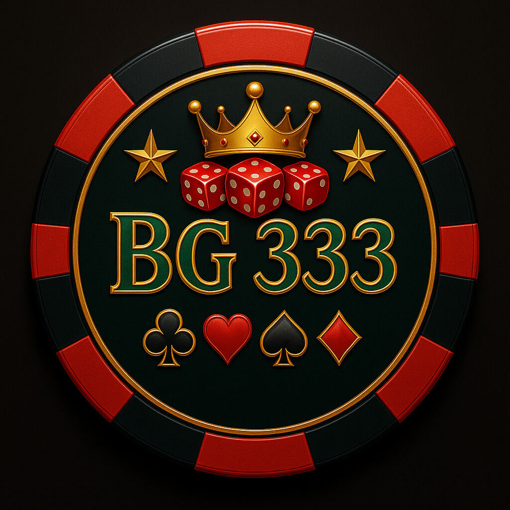 BG 333 casino logo with crown, dice, stars and card suits on a poker chip design