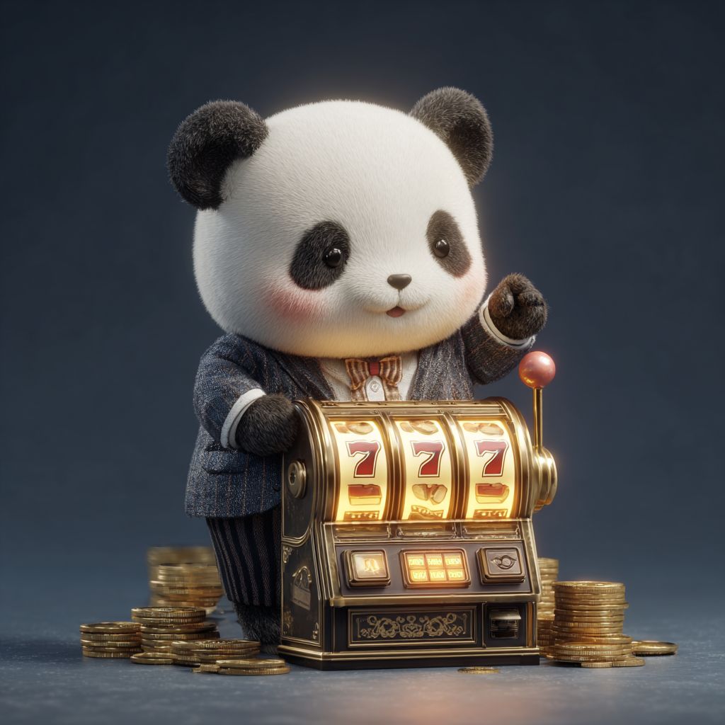 Panda mascot in suit playing slot machine with jackpot 777 and coins, BG 333 casino slots theme