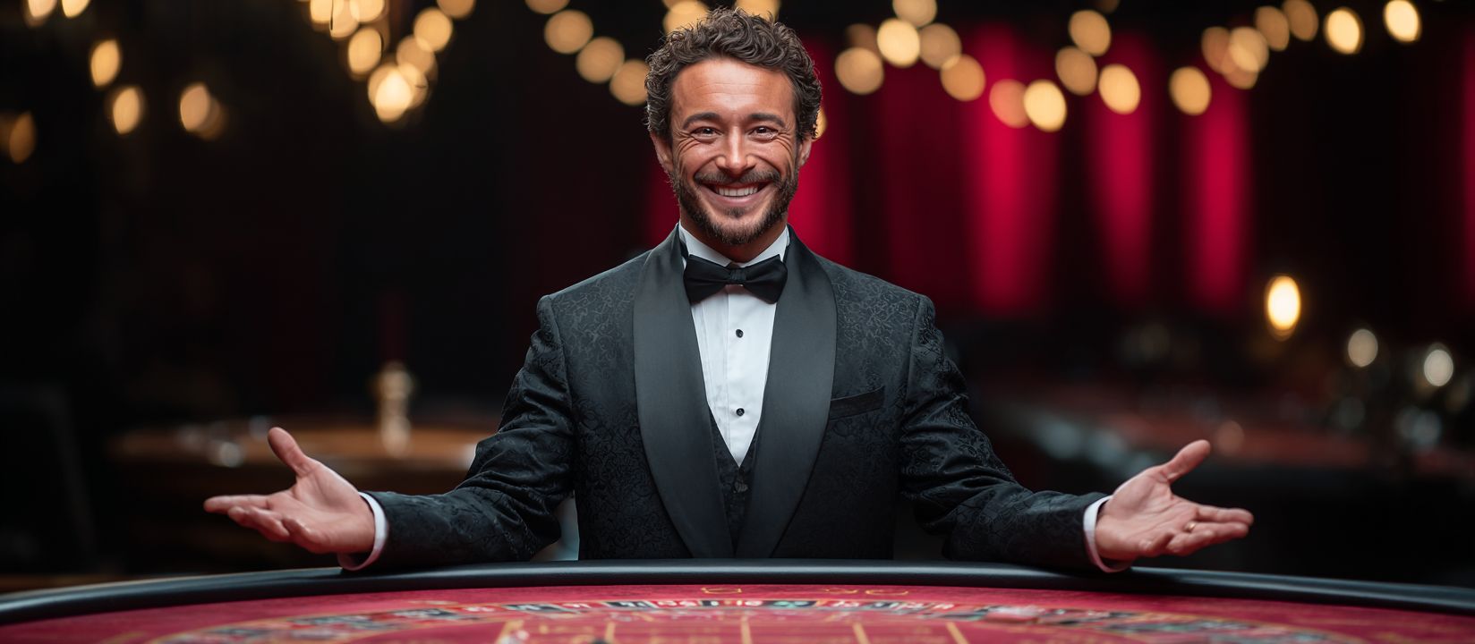 Smiling casino dealer in tuxedo welcoming players at roulette table, symbol of secure BG 333 login