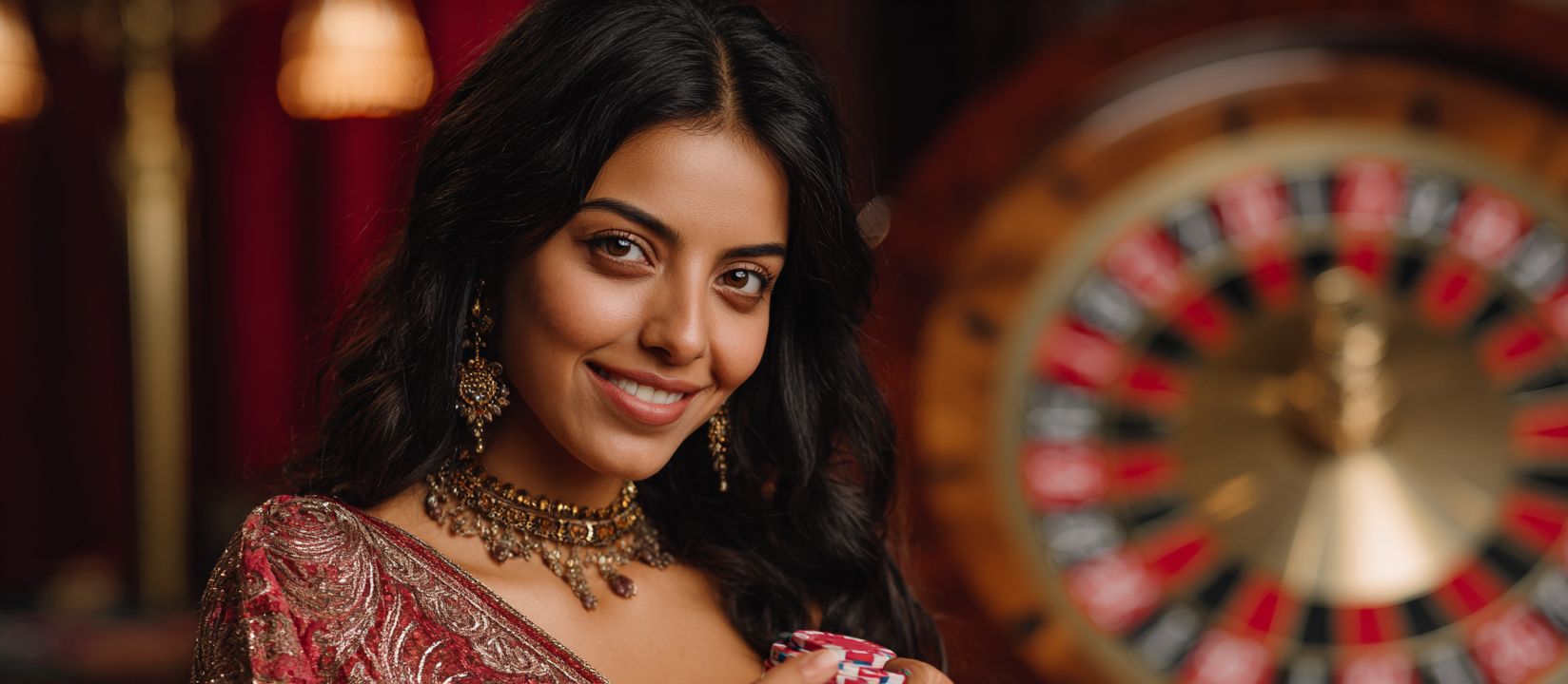 Beautiful woman in traditional dress smiling with casino roulette wheel in the background, symbol of BG 333 live casino experience