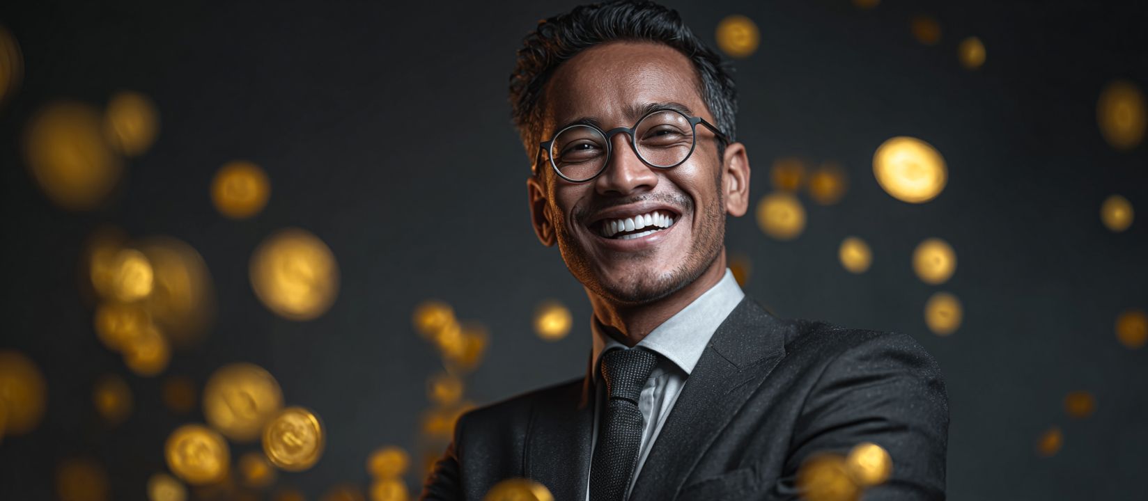 Happy man in elegant suit surrounded by flying golden coins, representing big wins at BG 333 online casino