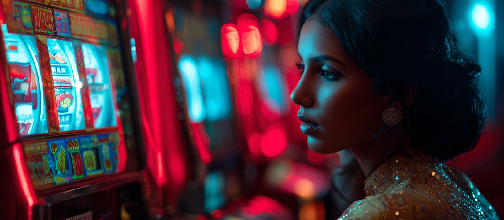 Beautiful woman focused on glowing slot machine with neon lights, BG 333 online slots theme