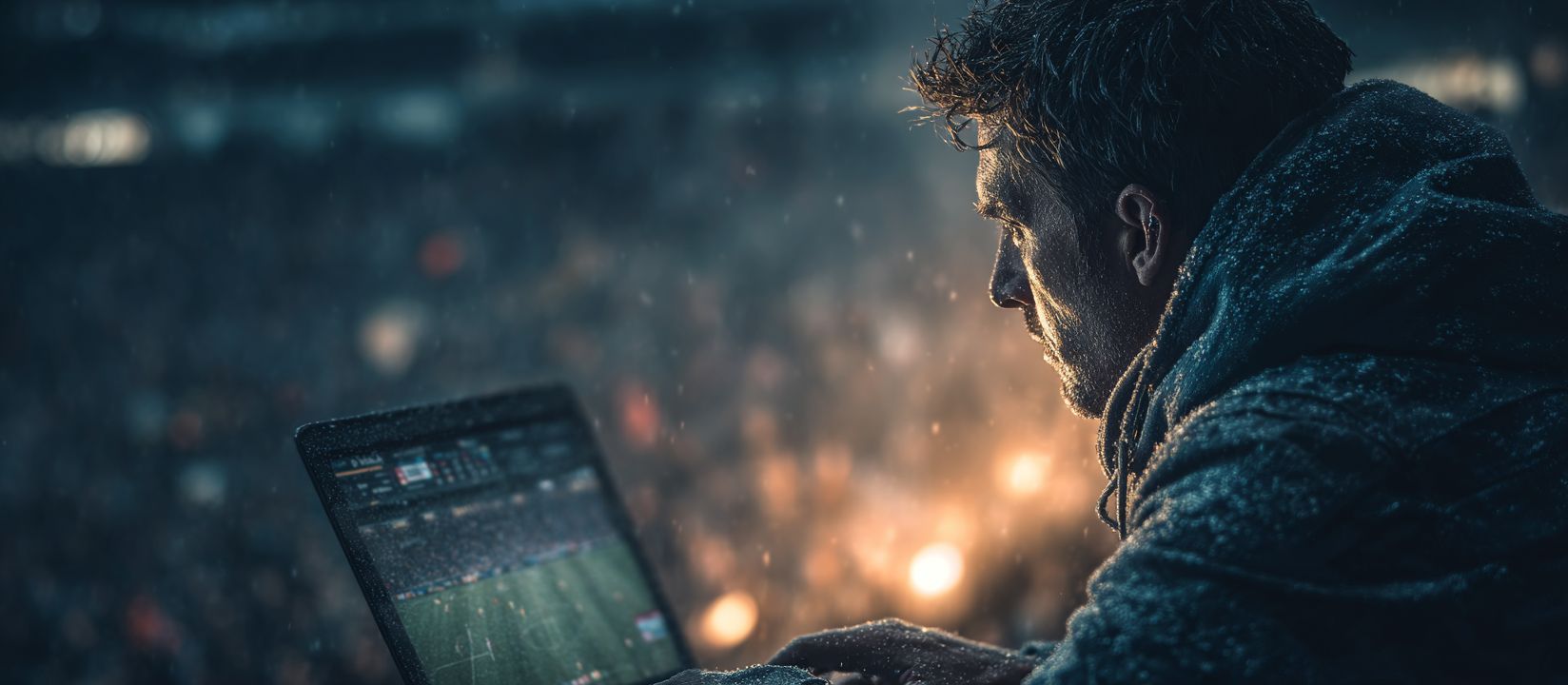Man with laptop betting on football match at stadium, representing BG 333 sports betting
